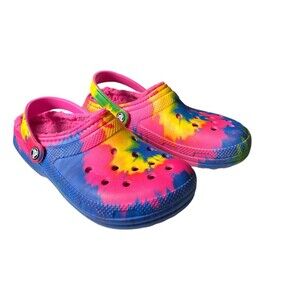Crocs Unisex Clogs Pink Tie Dye Faux Fur Lined Synthetic Men’s 9 Women's 11